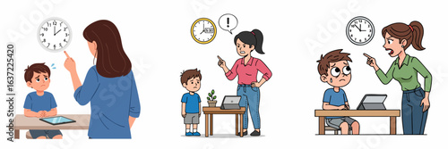 Cartoon Mother Scolding Child About Time Management and Tablet Usage Illustration