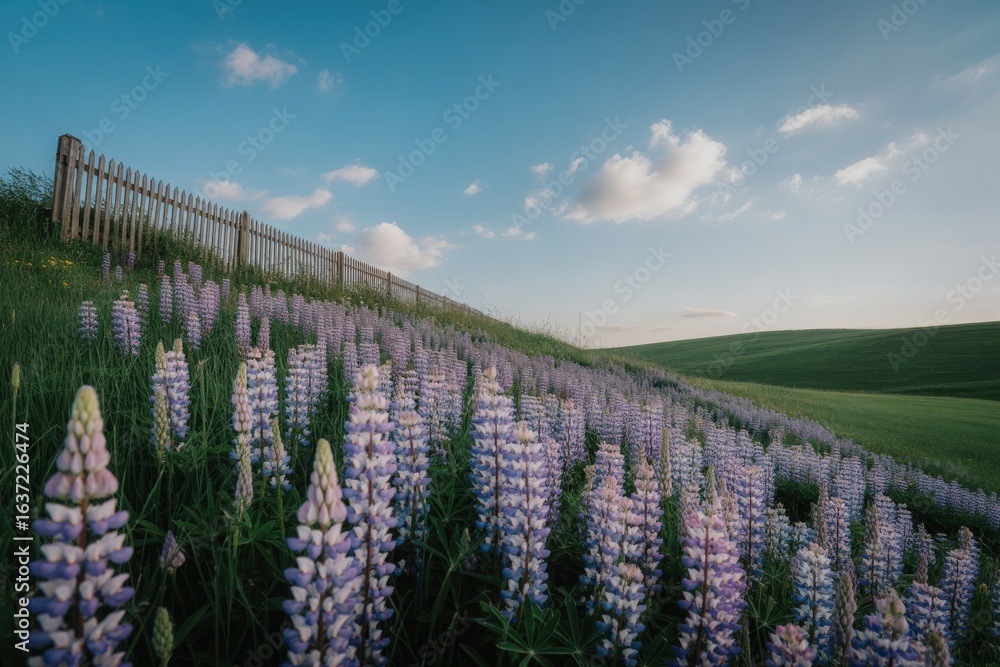 Fototapeta premium Lupine flowers bloom along a wooden fence under a cloudy sky