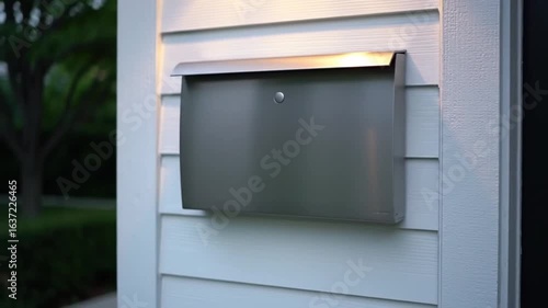 A modern stainless steel mailbox mounted on white siding with a light above it at daytime