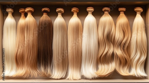 Display of various blonde and brown hair extensions in a wooden box