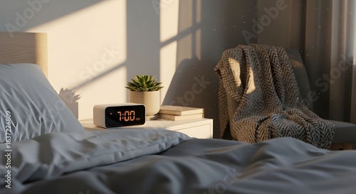 Digital alarm clock displaying seven am on bedside table in a bedroom with natural sunlight shining in