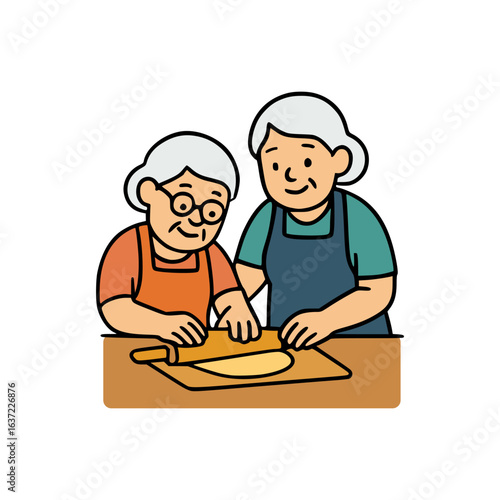Smiling senior ladies making dough for dumplings, wearing aprons and working together on wooden table in warm home kitchen