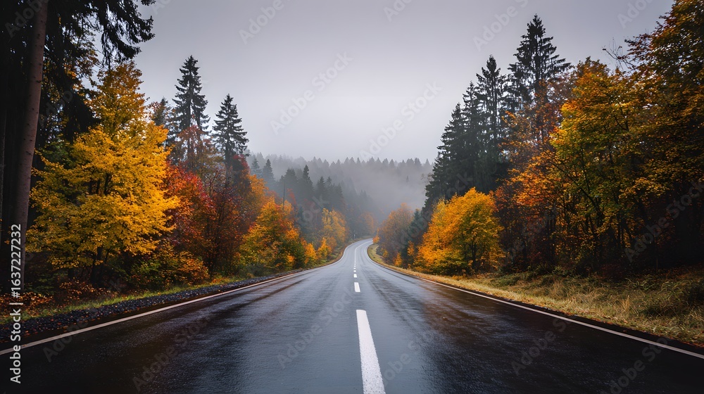 Fototapeta premium Winding road through a misty autumn forest.