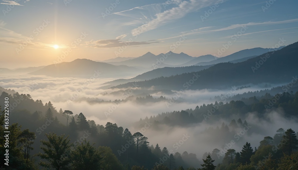 Obraz premium Misty mountains under soft golden sunrise, peaceful atmosphere