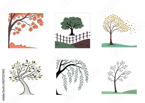 Illustrations of Different Trees, Including Autumn, Farm, and Willow Tree Depictions