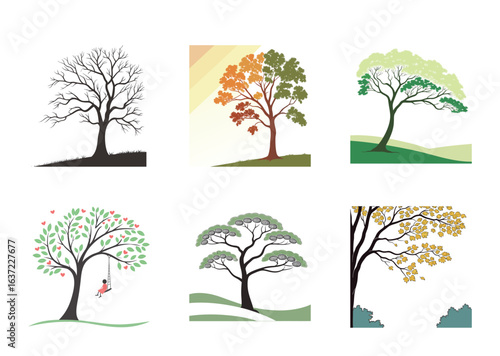 Stylized trees representing different seasons and emotional states like love
