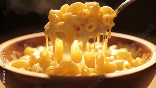 Close up of macaroni and cheese in a wooden bowl with a spoon scooping some up slowly
