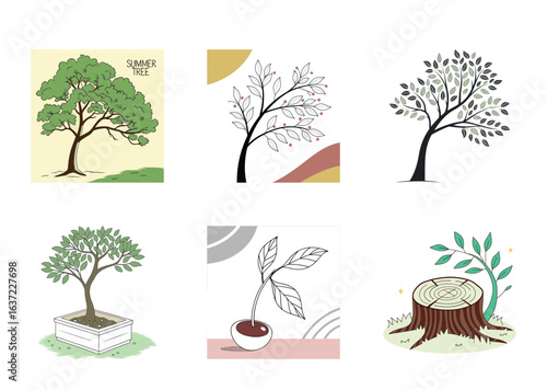 Collection of tree illustrations in various styles and artful representations