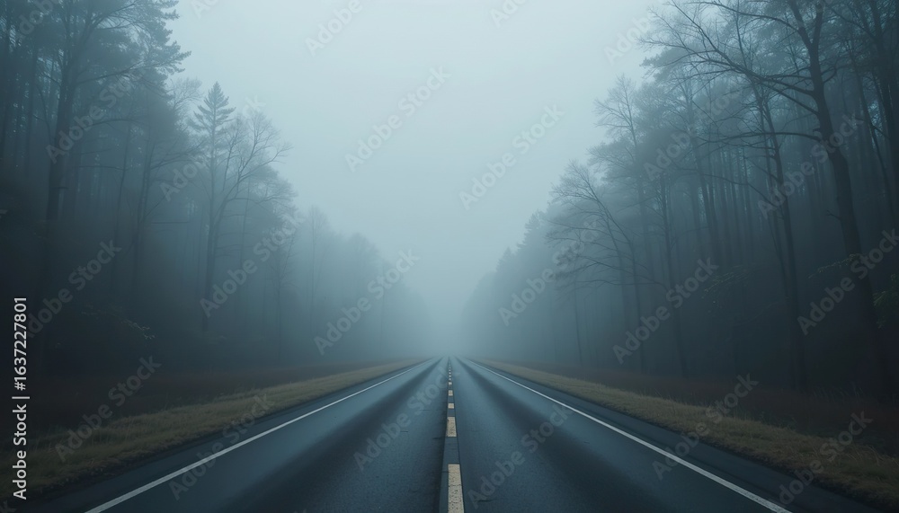 Fototapeta premium Empty road disappearing into foggy forest