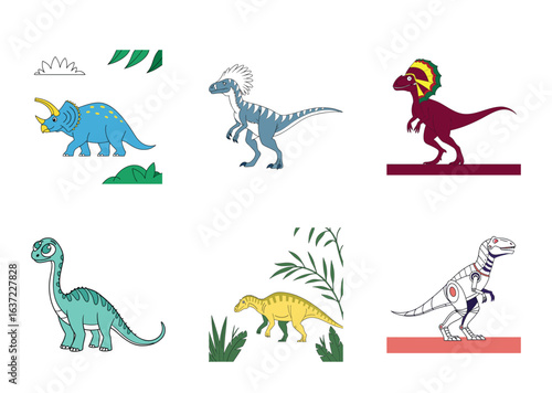 Diverse Cartoon Dinosaurs in Various Styles and Colors on White Background