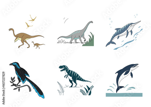 Cartoon Illustrations of Prehistoric Creatures and Animals from the Cretaceous Period