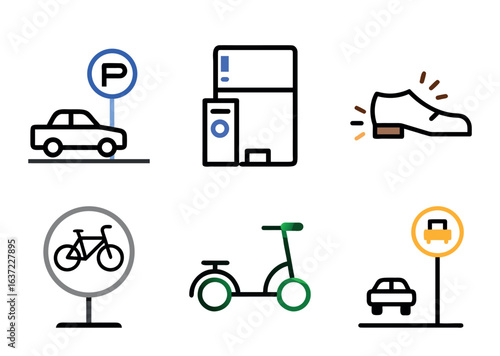 A diverse set of transportation and lifestyle icons, signs and symbols