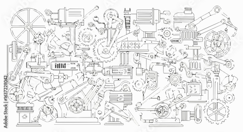 Detailed mechanical steampunk machine drawing with gears and cogs engineering design illustration art 100