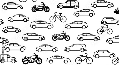 Seamless pattern of cars motorcycles and bicycles transportation vector illustration design element one hundred