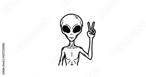 Alien with peace sign drawing et extraterrestrial illustration ufo believer space invader art design vector