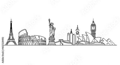 World travel destinations skyline illustration vector landmarks eiffel tower colosseum statue of liberty big ben opera house