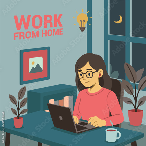 A woman typing at home at night