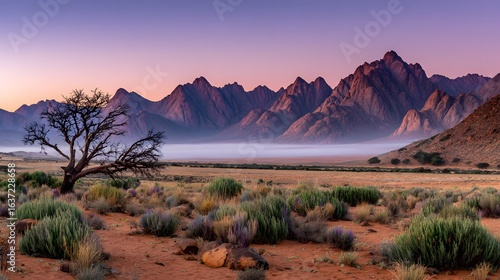 Misty dawn over a desert landscape with rugged mountains.