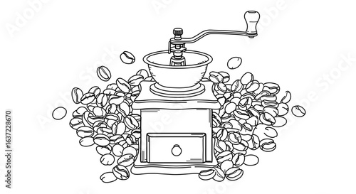 Vintage manual coffee grinder illustration with coffee beans for cafe or home brewing concept design