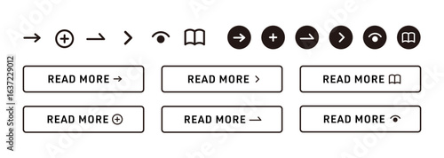 Webサイトやアプリ用UIボタンセット｜もっと見る くわしくみる チェック read more CTA アイコンセット