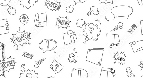 Seamless comic book background with speech bubbles pow zap and exclamation marks vector illustration design
