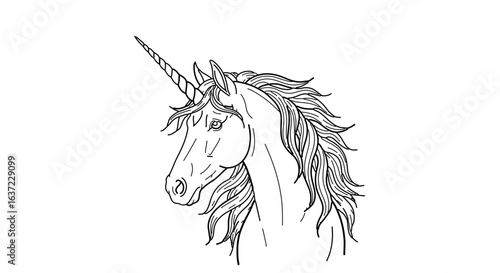 Unicorn head drawing outline vector illustration mythical creature fantasy horse with horn line art design 100