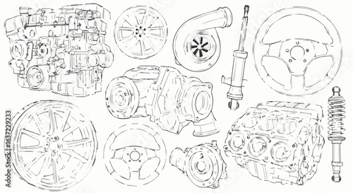 Automotive engine parts and car components sketch vector illustration for mechanical engineering design concept