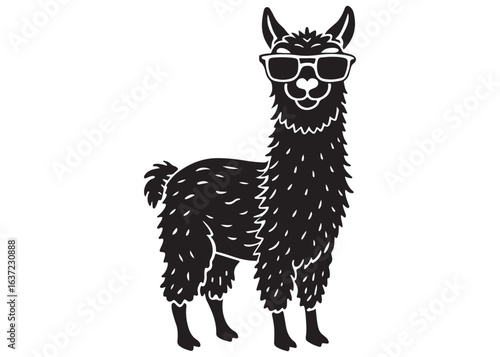 Cool Llama Silhouette Wearing Sunglasses Isolated on White Background.