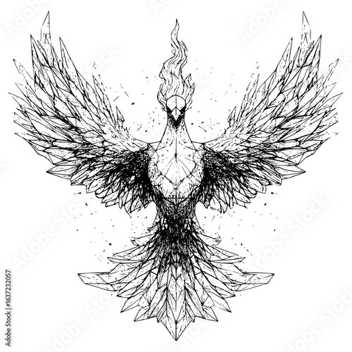 Detailed black and white line drawing of a phoenix with geometric feather patterns and flame crest design
