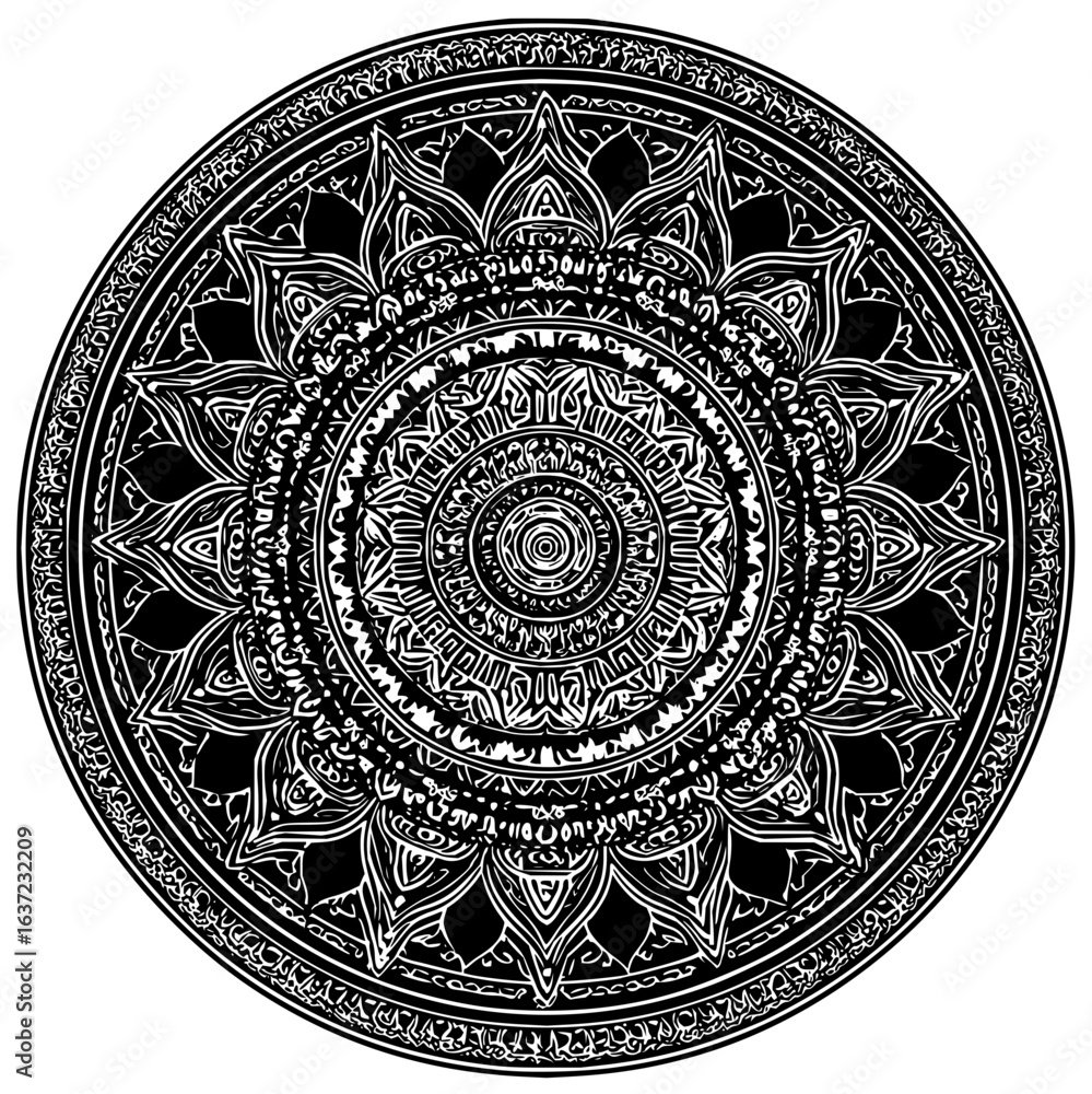 Naklejka premium Detailed black and white mandala with intricate floral and geometric patterns in a circular design art