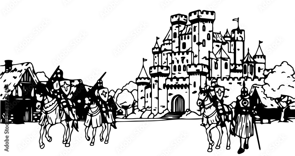 Obraz premium Medieval castle with knights on horses drawing vector illustration black and white clip art for design