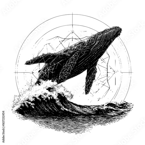 Humpback whale breaching water with geometric mountain background in black and white illustration