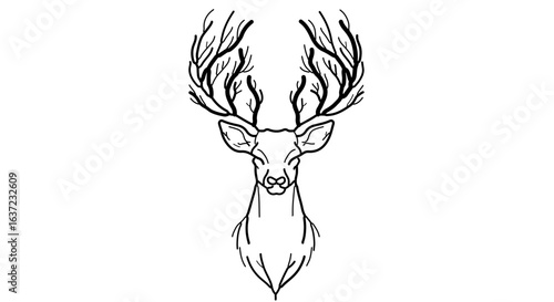 Deer head drawing with tree branch antlers vector illustration wildlife animal forest nature design element art 100