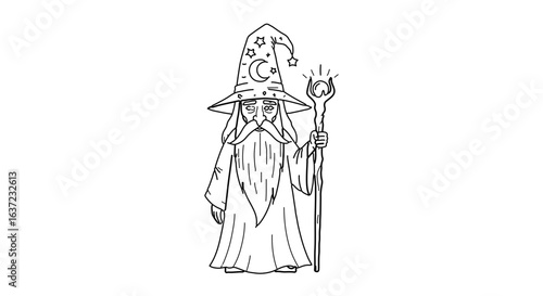 Wizard drawing of a mage with a staff and a hat with stars and moon for coloring book fantasy art