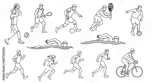 Line art drawing of athletes in various sports activities for graphic design and educational resources usage