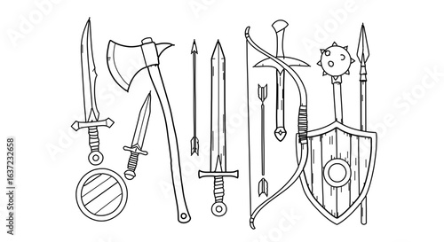 Line art illustration of medieval weapons including swords axes spears and shields for fantasy games
