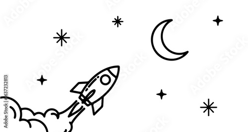Rocket launch to the moon and stars vector illustration space exploration astronomy galaxy travel design 100
