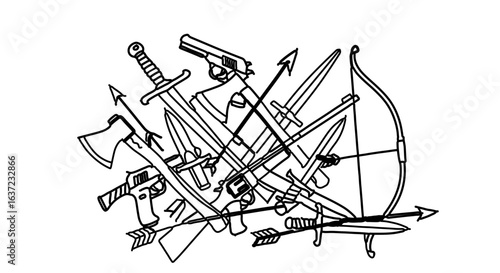 Collection of weapons illustration featuring swords axes guns bows and arrows in black and white line art