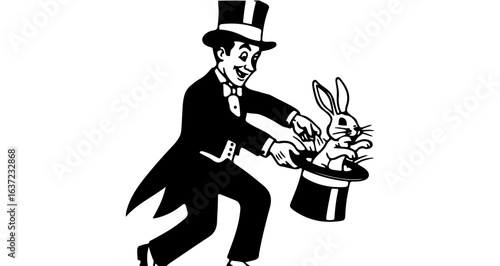 Magician performing magic trick with rabbit in hat vintage show vector illustration clip art design 100char
