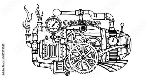 Steampunk machine drawing vector illustration of vintage mechanical device with gears and pipes design