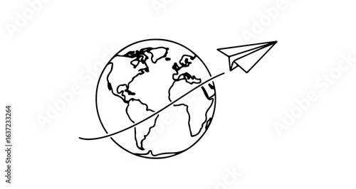 Paper airplane flying around the world globe travel concept international business and global communication design