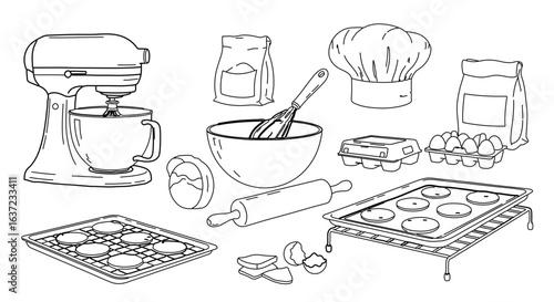 Baking illustration with mixer flour eggs and cookies for cooking and baking related designs and projects
