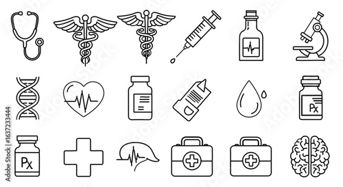 Medical healthcare icons set stethoscope dna syringe microscope caduceus heart brain vector art
