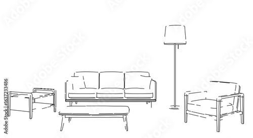 Living room furniture sketch: sofa, armchair, lamp, side table and ottoman for interior design ideas