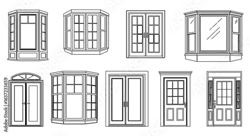 Architectural windows and doors collection design elements for building construction and home improvement projects