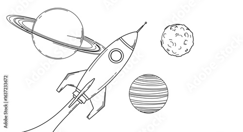 Rocket ship in space coloring page for kids and adults with planets and asteroid outline drawing vector