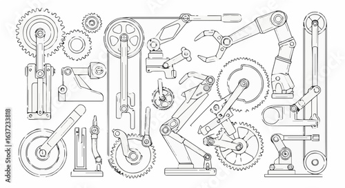 Mechanical engineering blueprint design with gears robotics and automation components for industrial applications