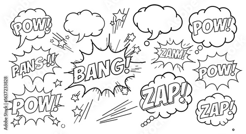 Comic book speech bubbles and sound effects vector graphic design for web and print projects illustration