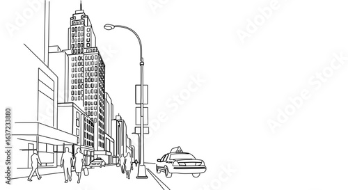 Downtown new york city street scene with taxi and pedestrians line art illustration for coloring page and design 100