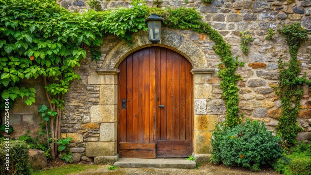Old wooden door with rounded shape in traditional Savoy house architecture on a stone wall in rural France surrounded by lush greenery Old wooden door with rounded shape in traditional Savoy house architecture on a stone wall in rural France surrounded by lush greenery